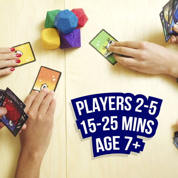 Colorful giant quishy foam dice and cards on a table with text indicating player count, duration, and age suitability.