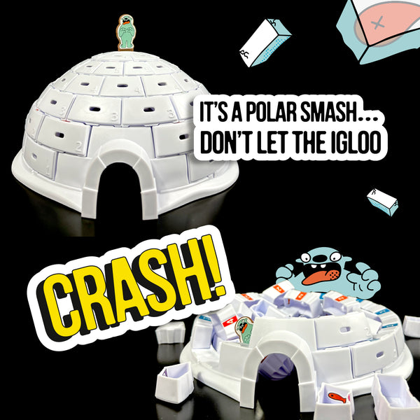 Igloo Mania skill game for kids ages 5 "Don't let the Igloo Crash' with polar bear ice block and fish illustrations