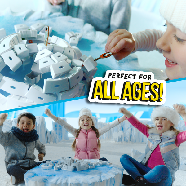 Children playing Igloo Mania dexterity game with a toy igloo against a snowy background, with text 'Perfect for All Ages!'.